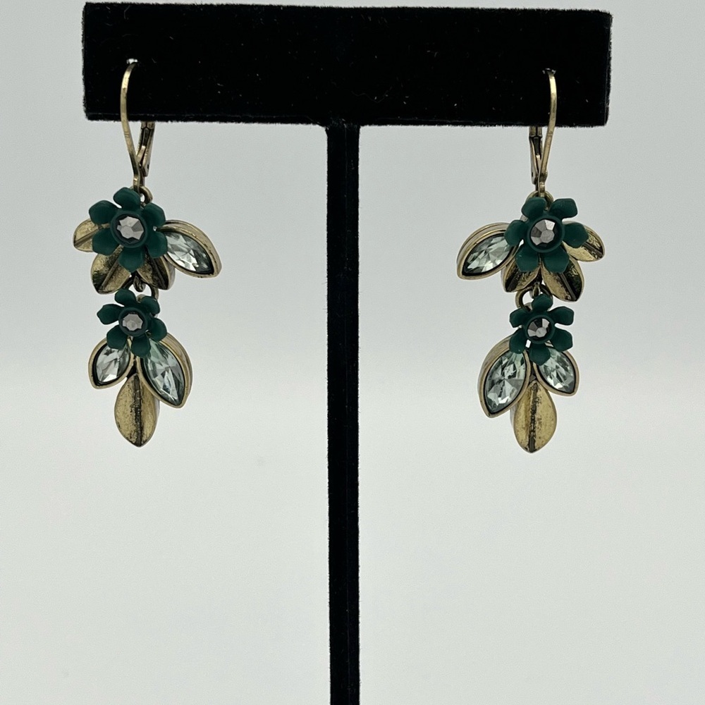 Verdant Bloom Earrings – Antique Gold Floral Dangles with Green Petals